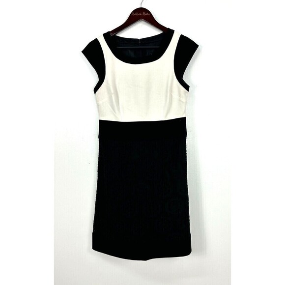 Laundry by Shelli Segal Sz 6 Black White Colorblock Lace Sheath Career Dress N4 - Picture 2 of 12